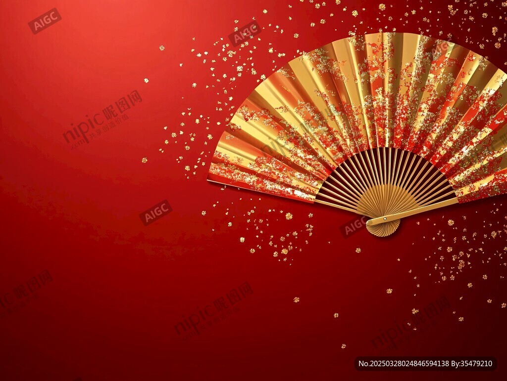 红色背景上的精美中式折扇