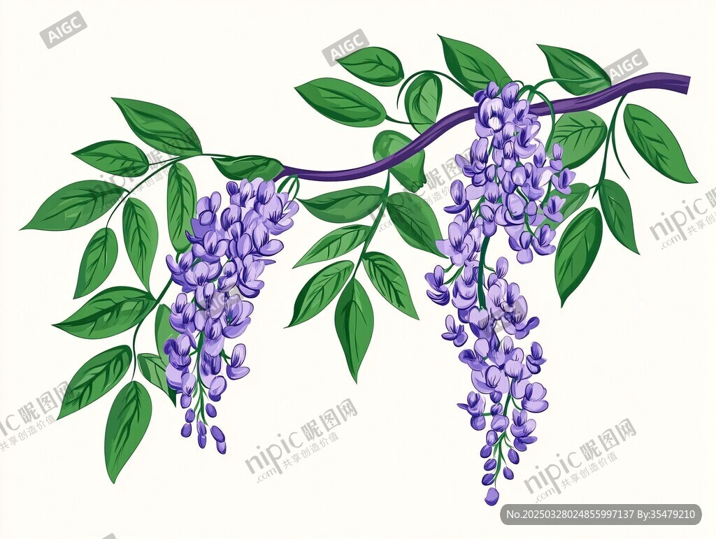 垂挂的紫紫藤与翠绿叶片