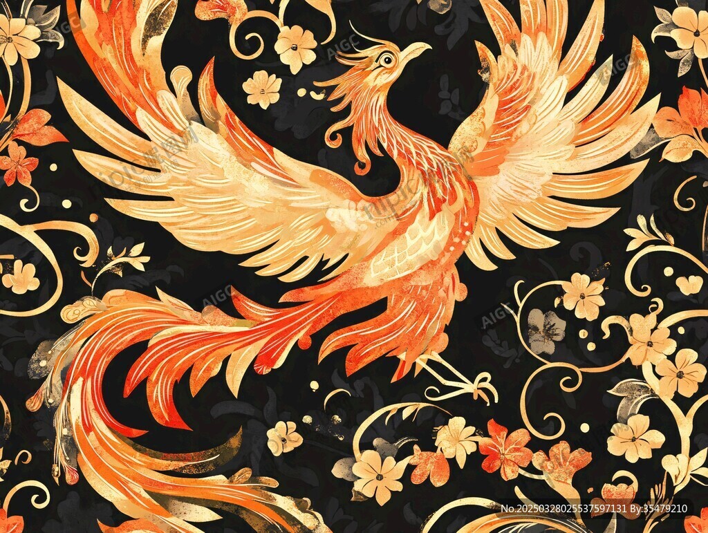 凤凰花卉图案精美织物