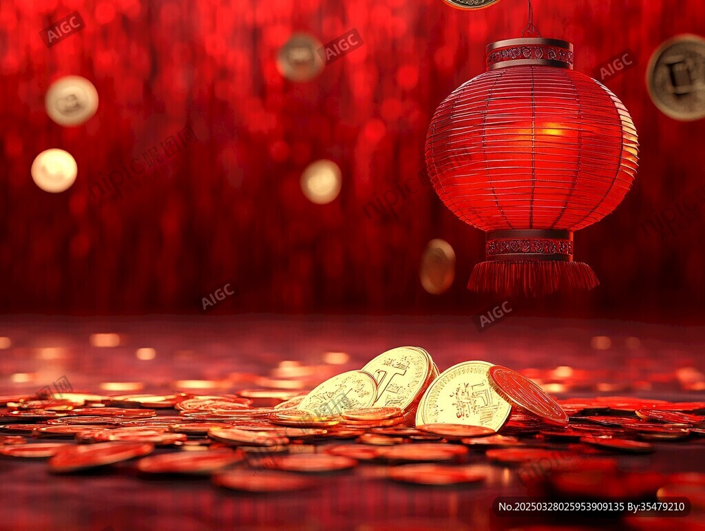红灯笼下金币洒落场景