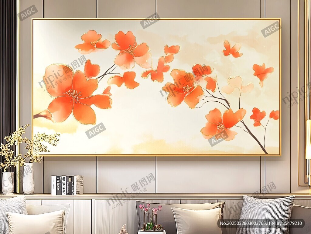橙色花卉挂画装点温馨客厅