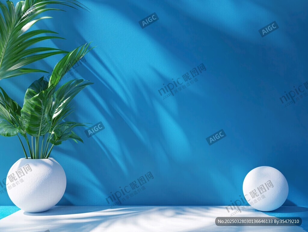 蓝墙绿植简约空间场景