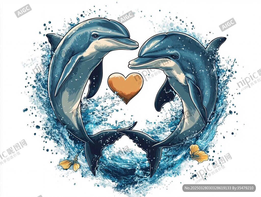 双海豚爱心环绕唯美画面