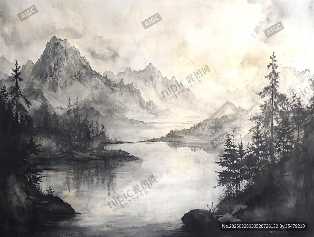 水墨山水间的静谧湖景