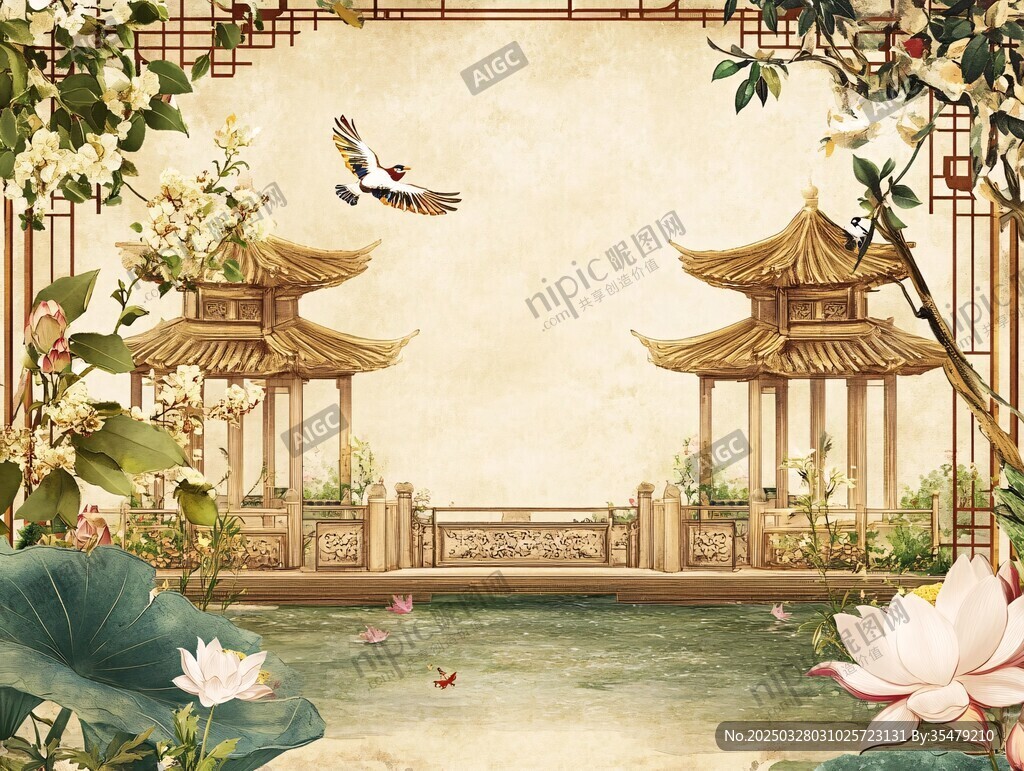 中式园林景 飞鸟荷花相伴