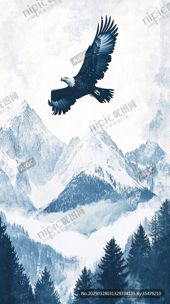 雄鹰翱翔于雪山森林之上
