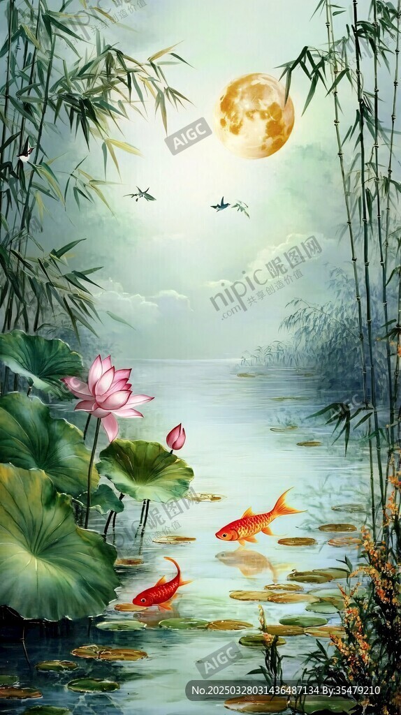 荷塘月色下的金鱼嬉戏图