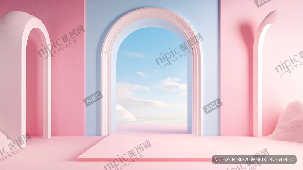 梦幻拱形空间通往蓝天白云