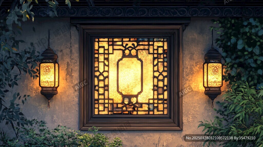 中式古窗与壁灯的雅致景致