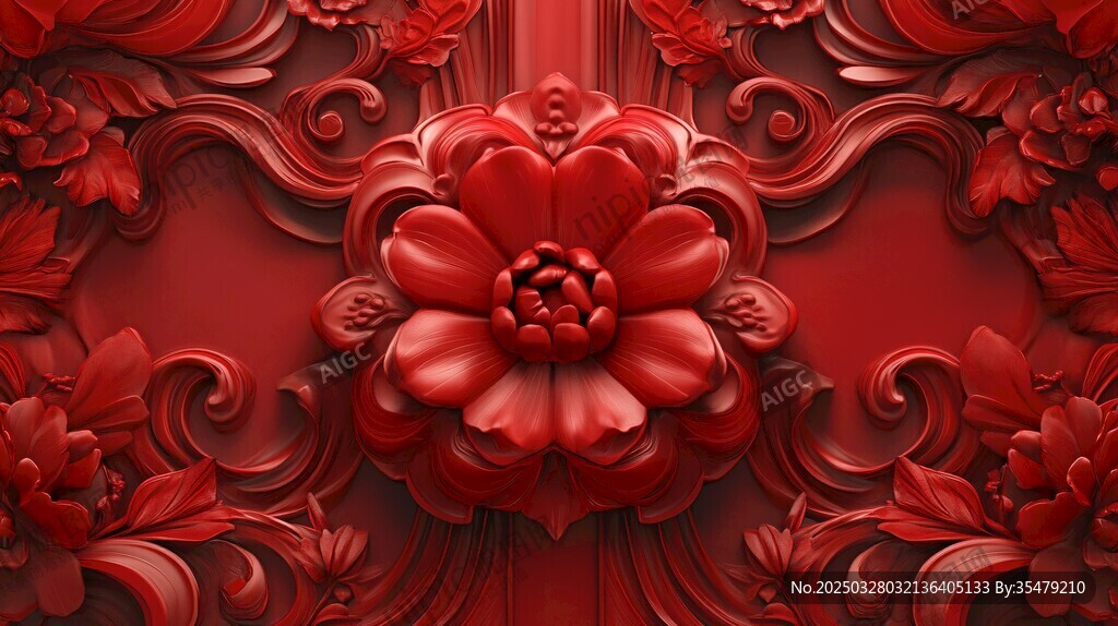 红雕花饰 精美立体花卉图案