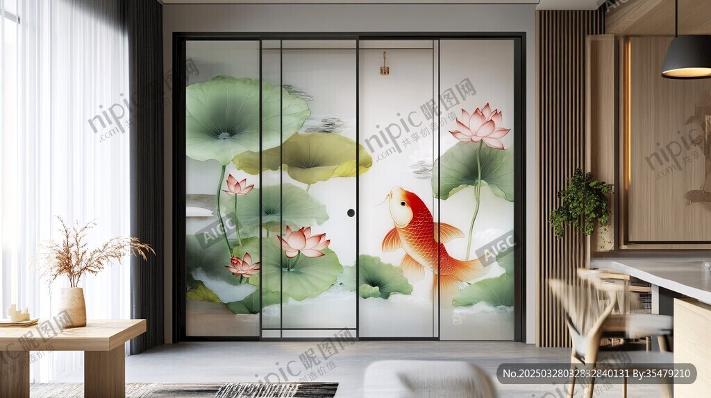 中式荷花金鱼移门装饰画