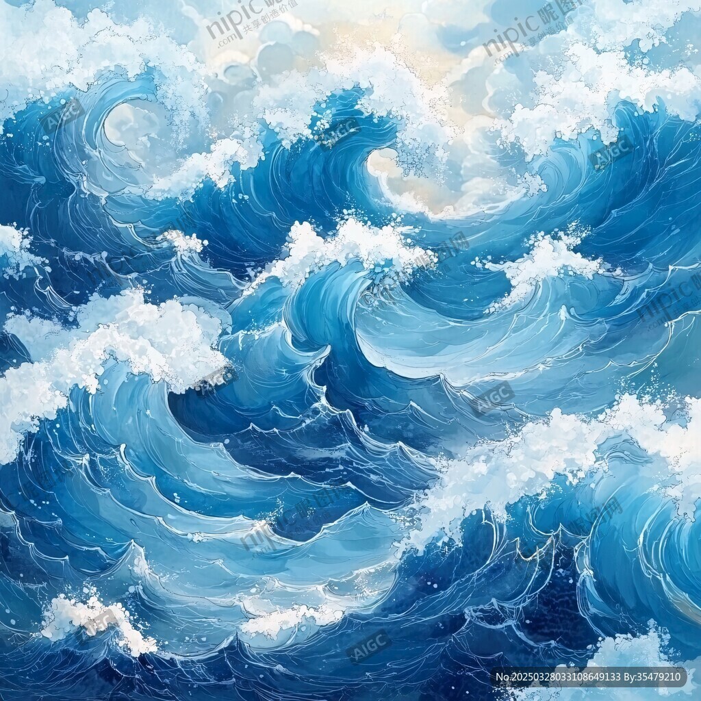 汹涌澎湃的蓝色海洋浪潮