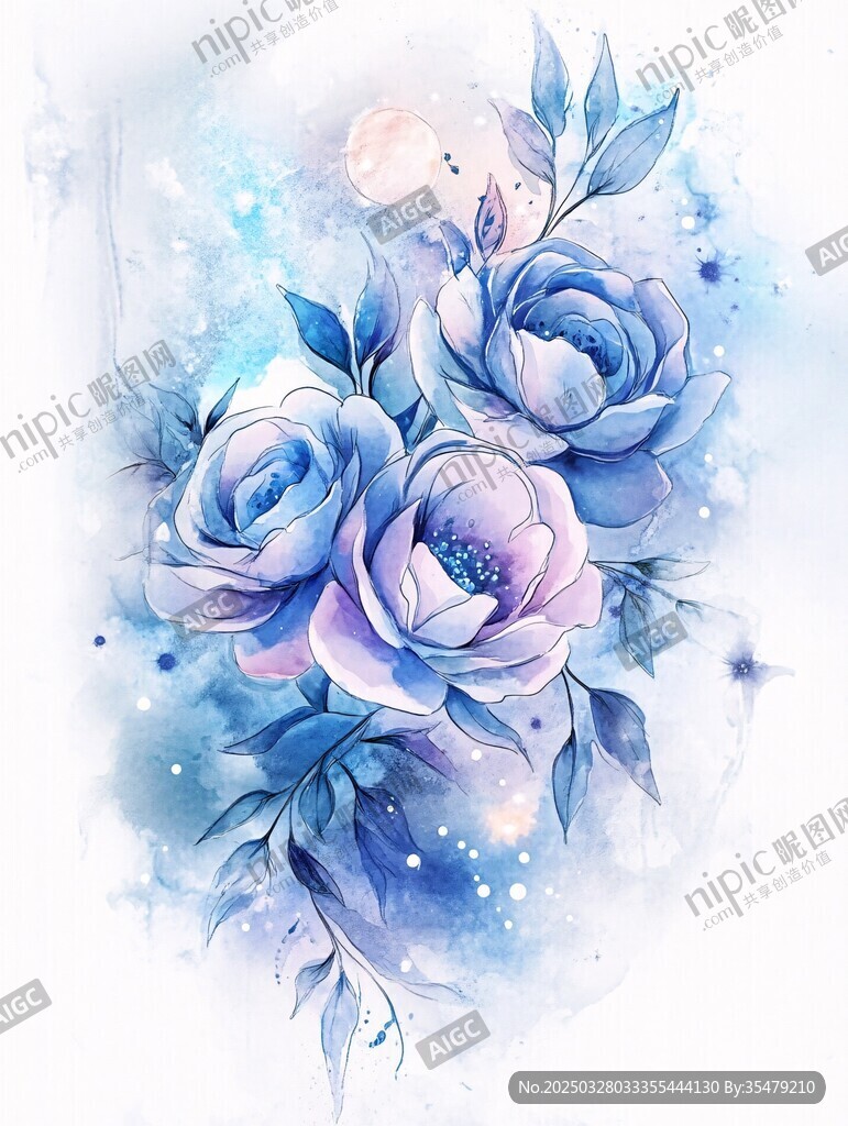 梦幻蓝紫花卉水彩插画