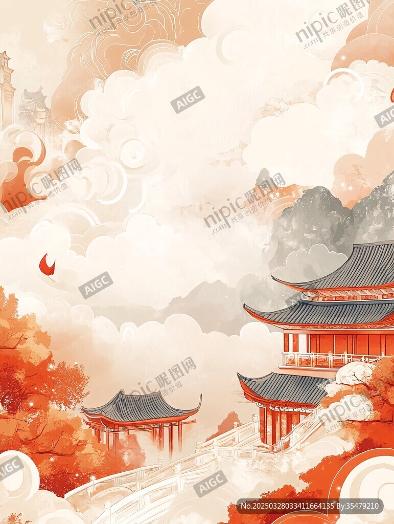 古风山水楼阁秋日美景图