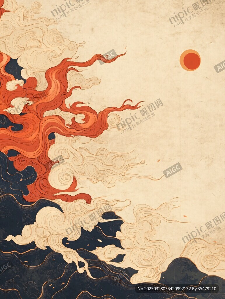 古风云海红日火焰景象