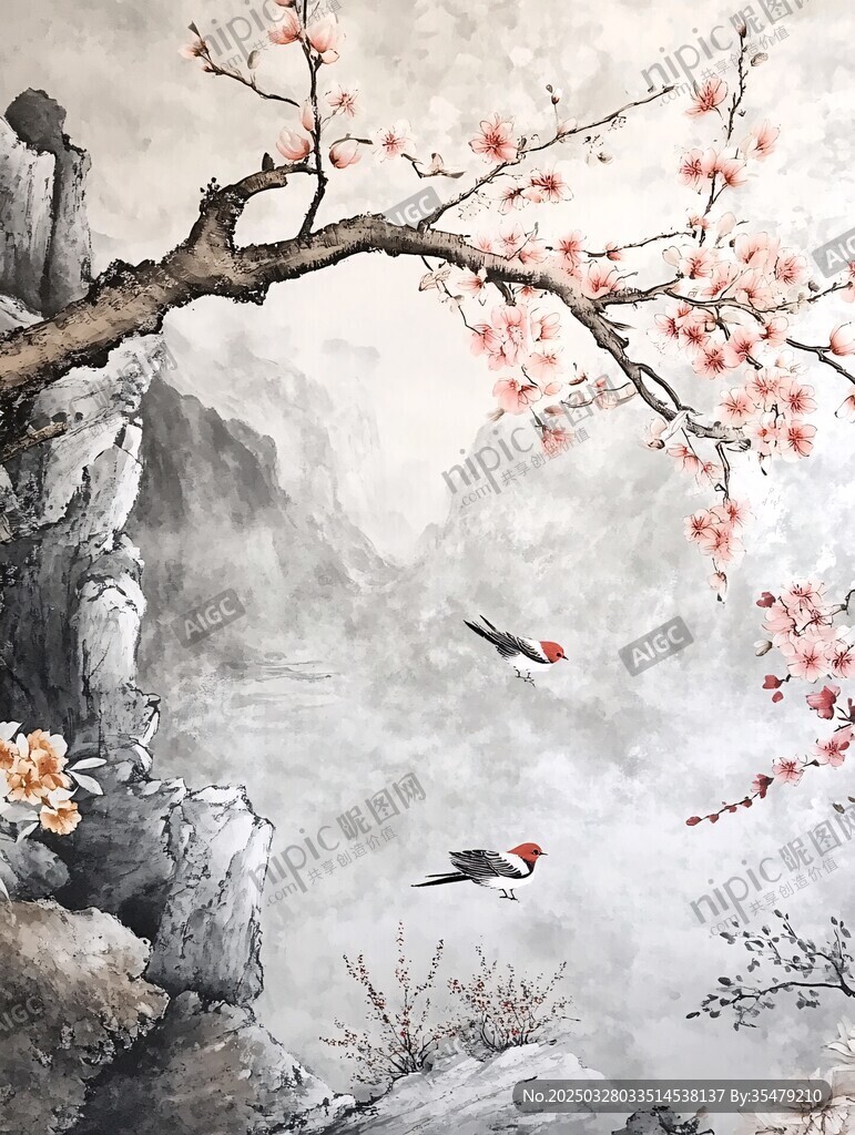 春日花鸟山水国画意境图
