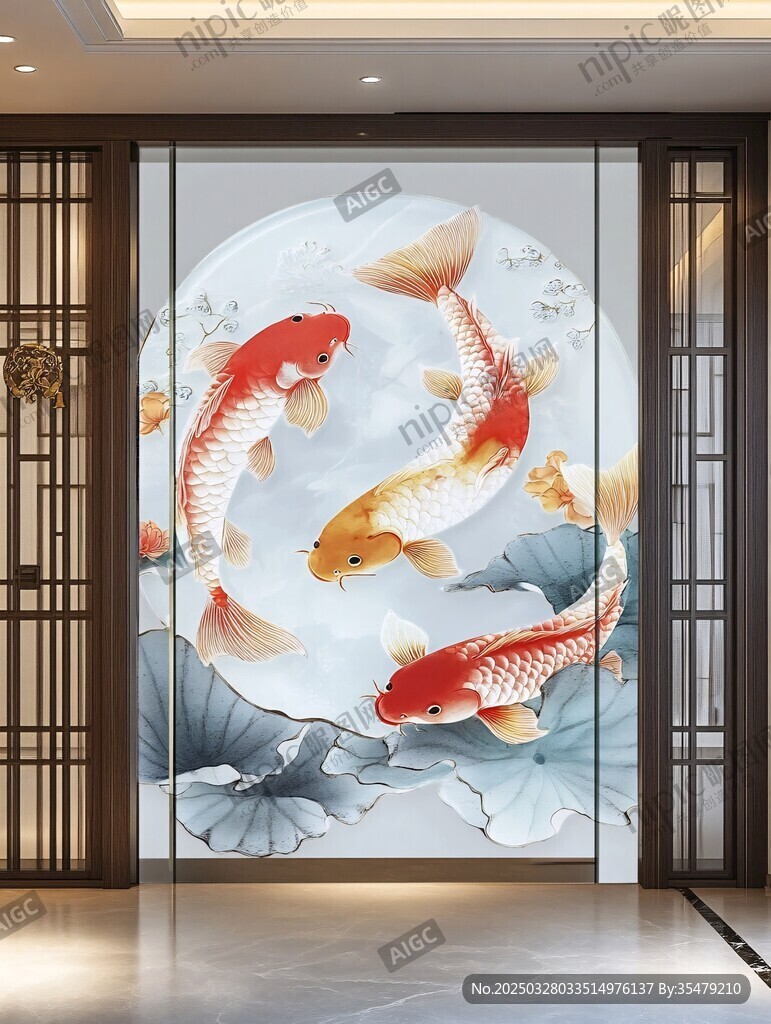 中式玄关锦鲤荷花艺术图