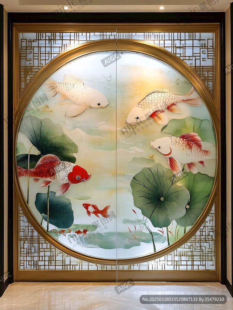 中式锦鲤荷花屏风装饰画
