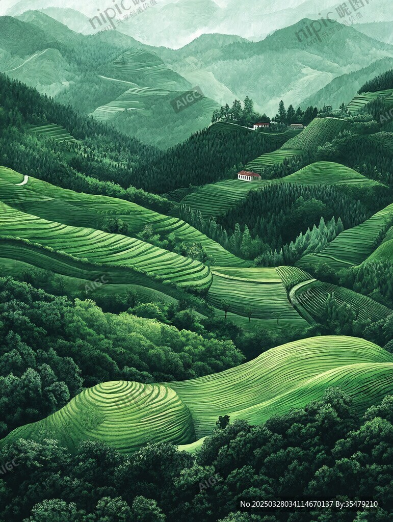 翠绿梯田山间乡村美景