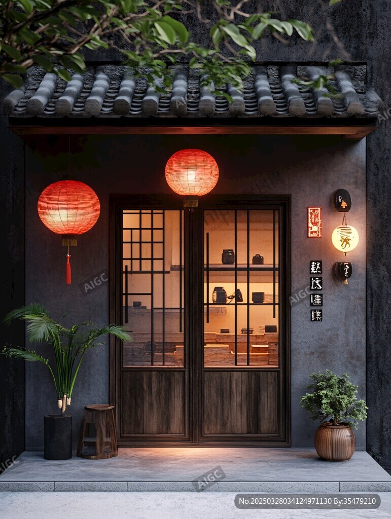 中式茶室古雅门头夜景