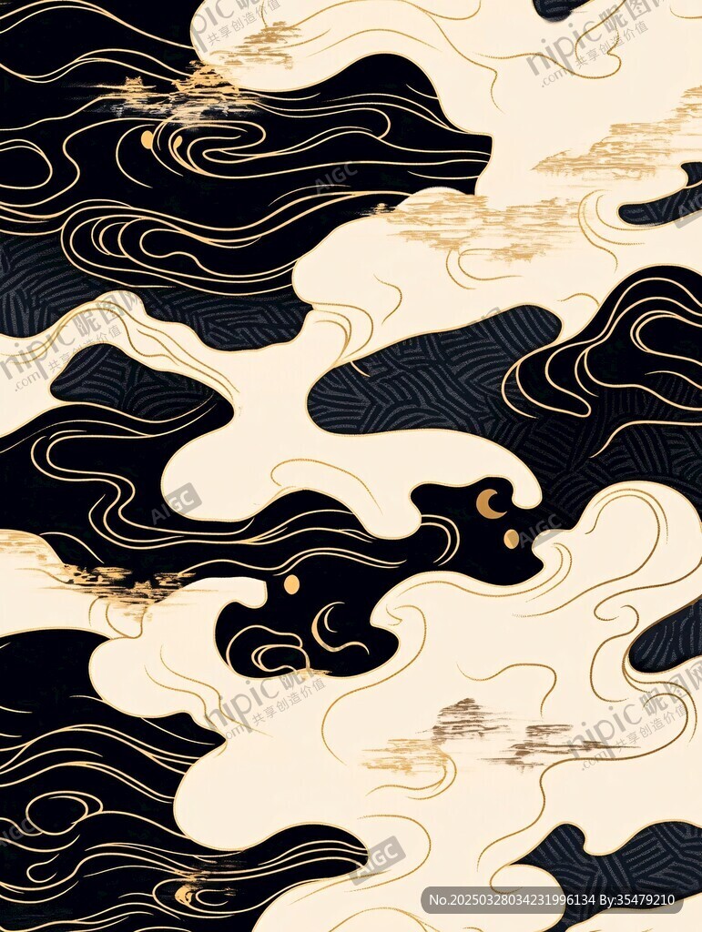 中式黑金海浪云纹图案