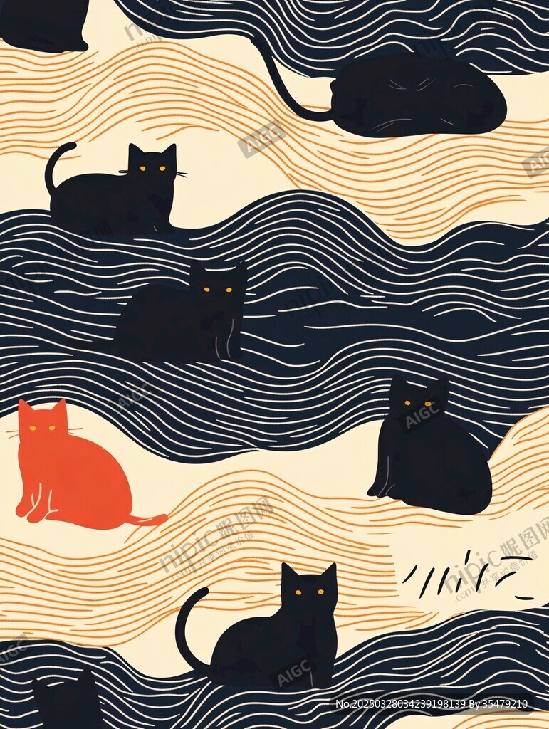 猫咪与波浪的趣味图案