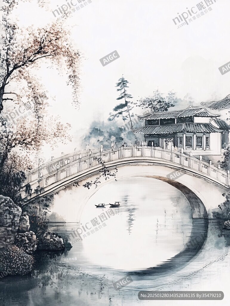 水墨江南桥畔水乡景致
