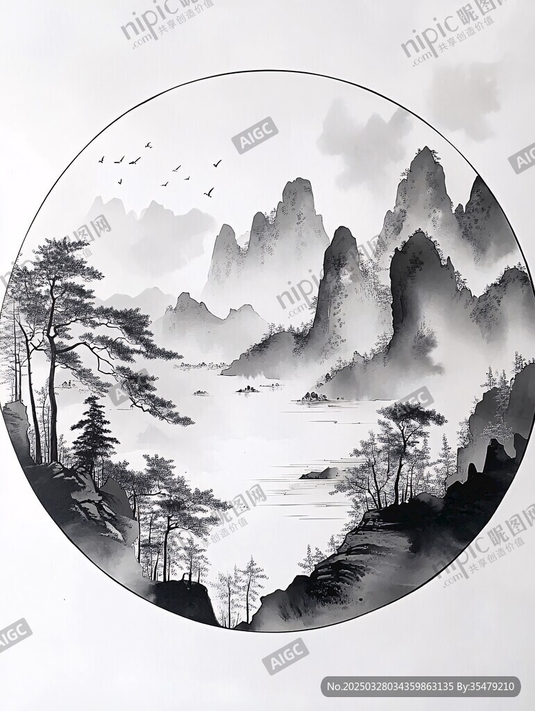 水墨山水圆形写意画