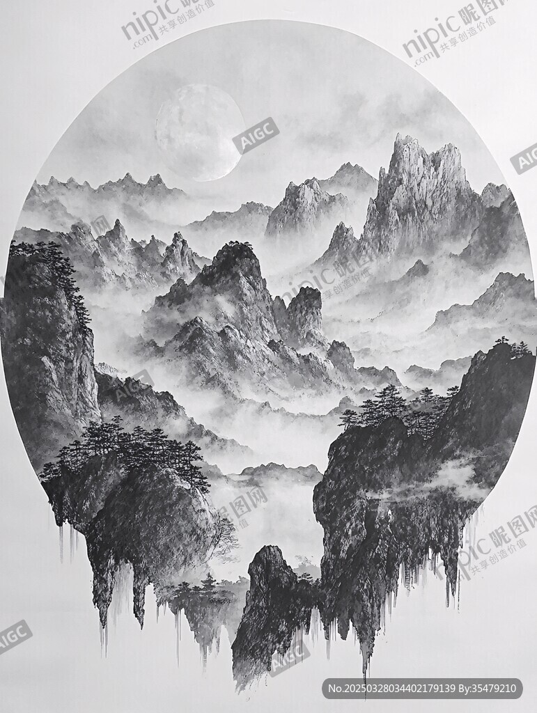 水墨山水圆景图