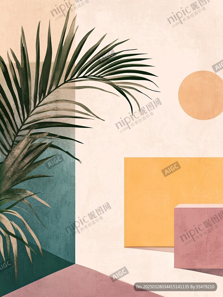 热带植物与几何色块装饰画