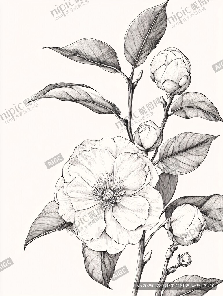 黑白山茶花卉素描图