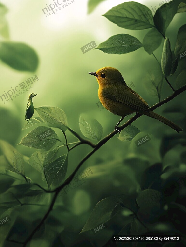 绿叶间的小黄鸟