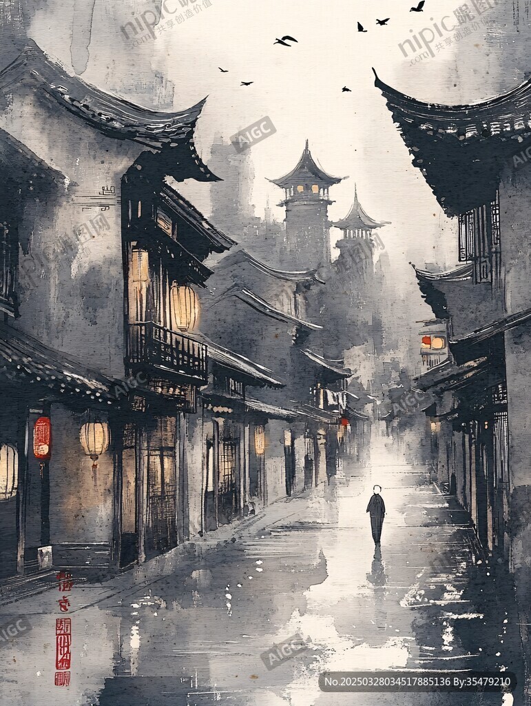 水墨古巷独行