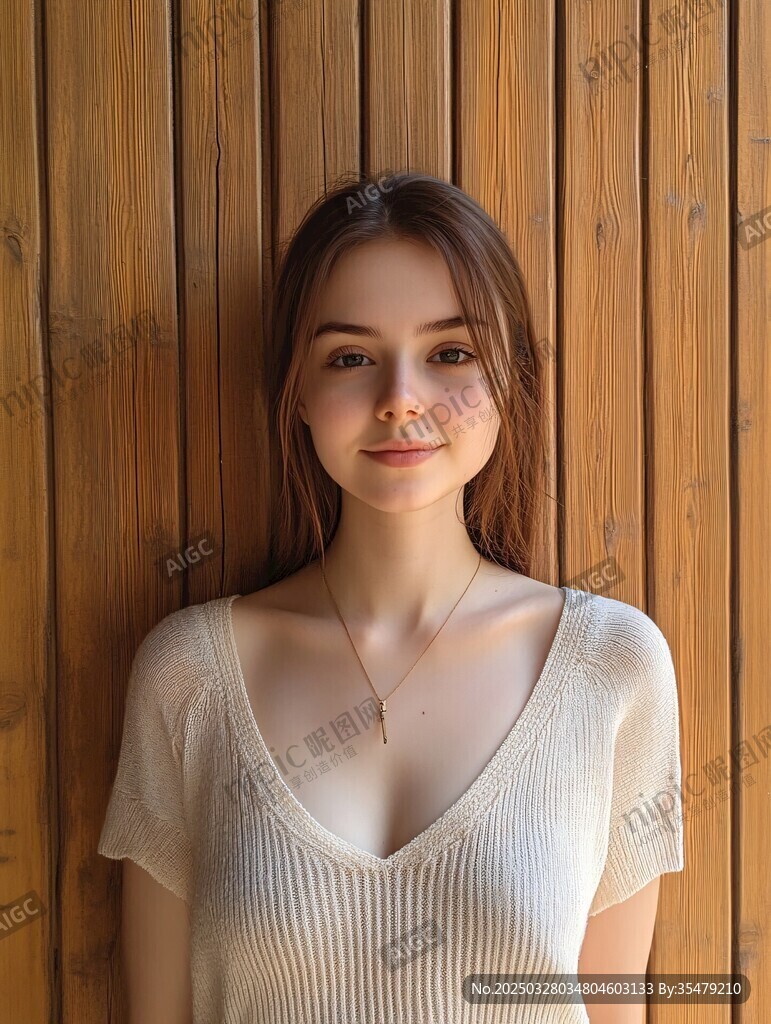 倚木而立的优雅气质女孩
