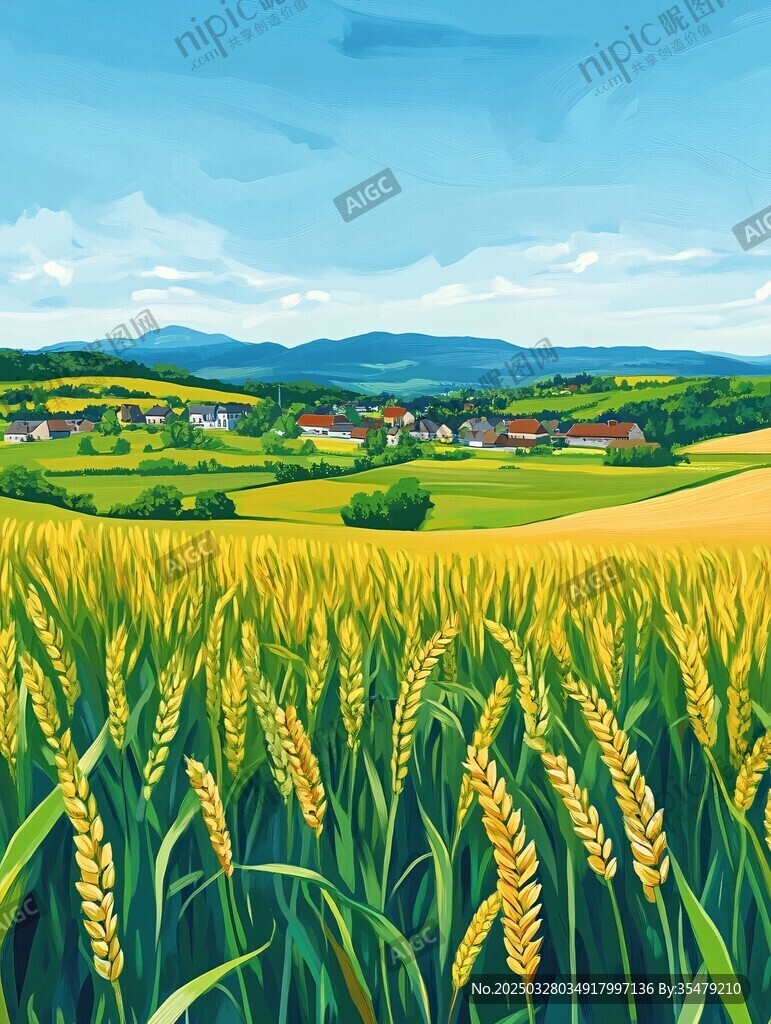 金色麦田旁的乡村美景