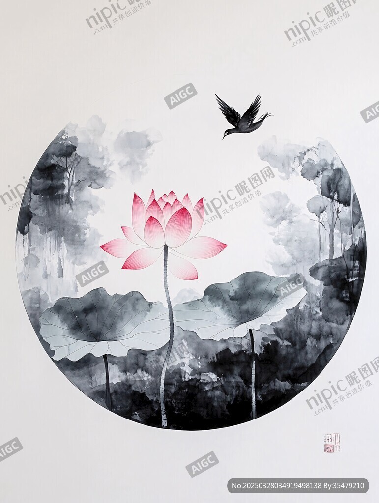 水墨荷花飞鸟写意画