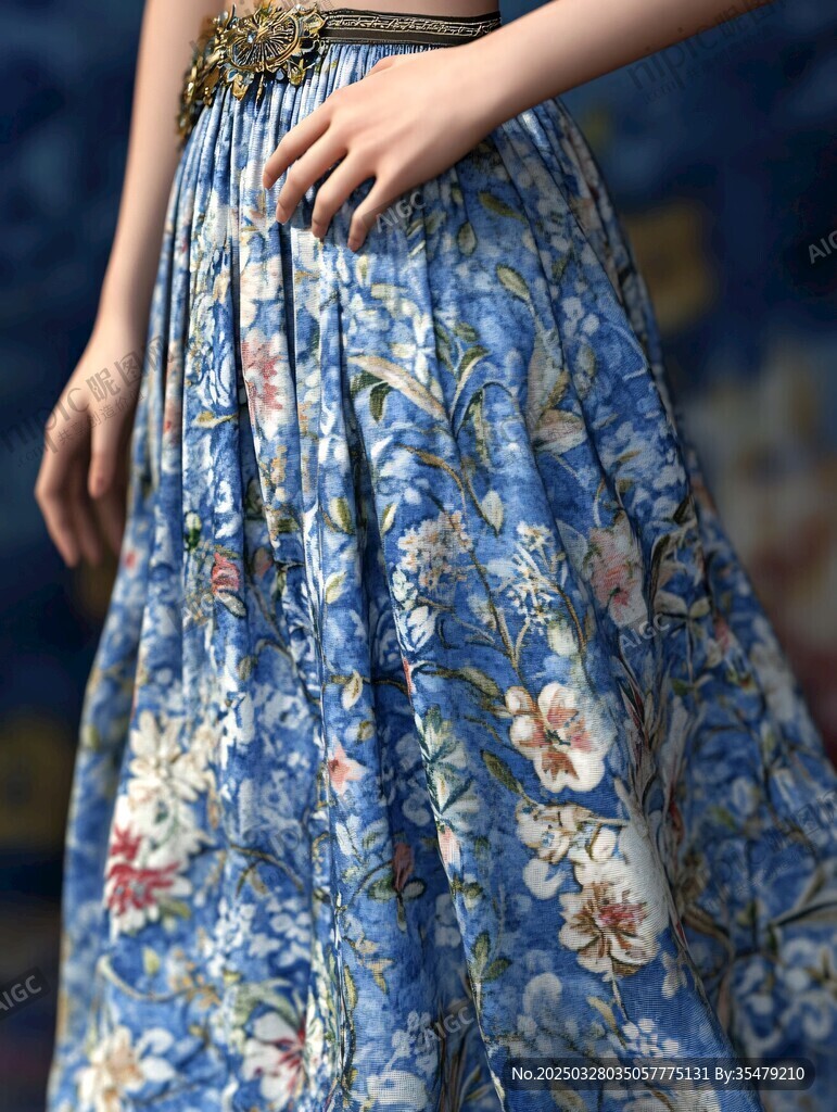 蓝色花卉长裙女性局部特写
