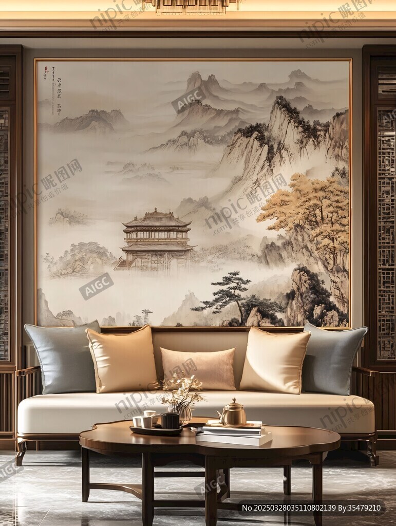 中式客厅山水壁画沙发场景