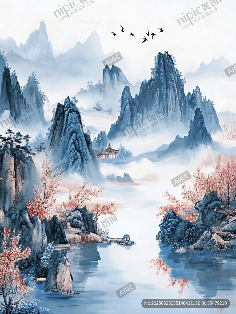 水墨山水间飞鸟映繁花