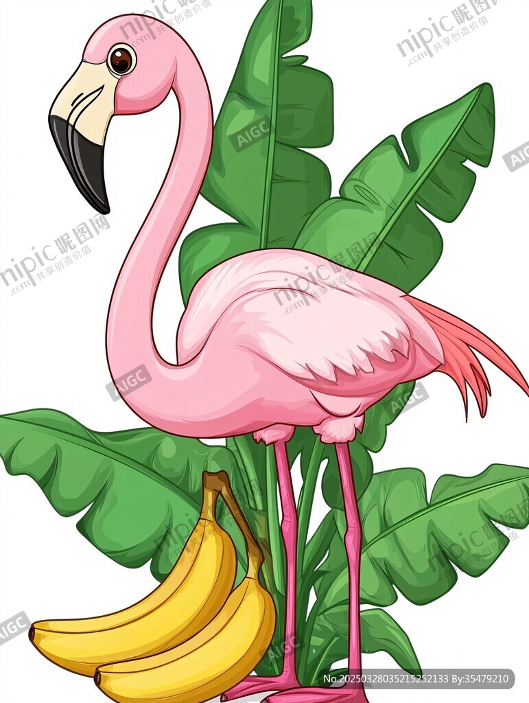 火烈鸟与香蕉的热带画面