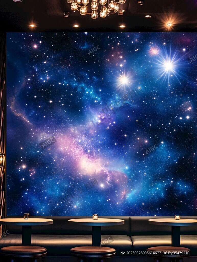 梦幻星空背景的室内场景