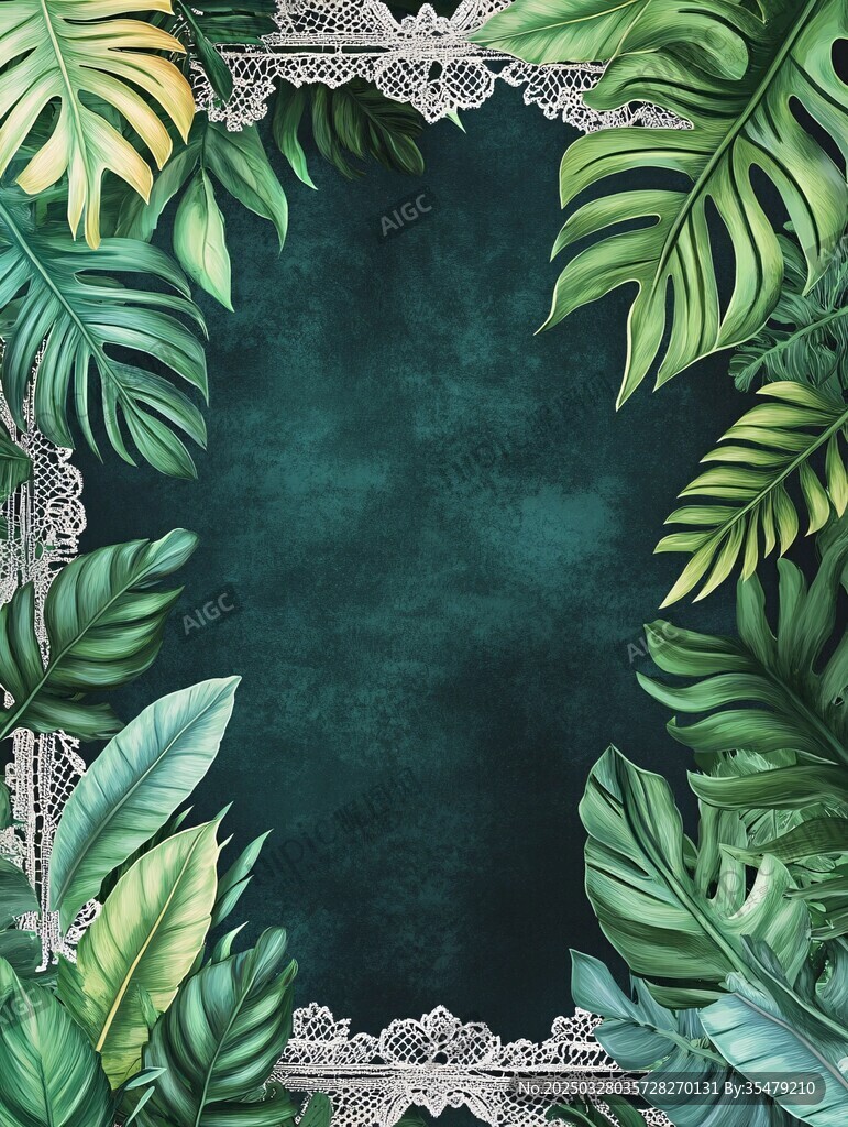 热带植物蕾丝边框背景图