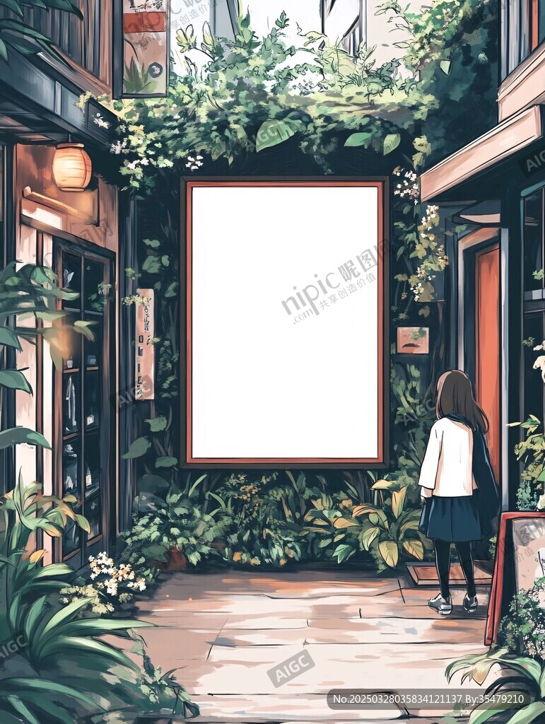 女孩于绿植环绕的空白画前