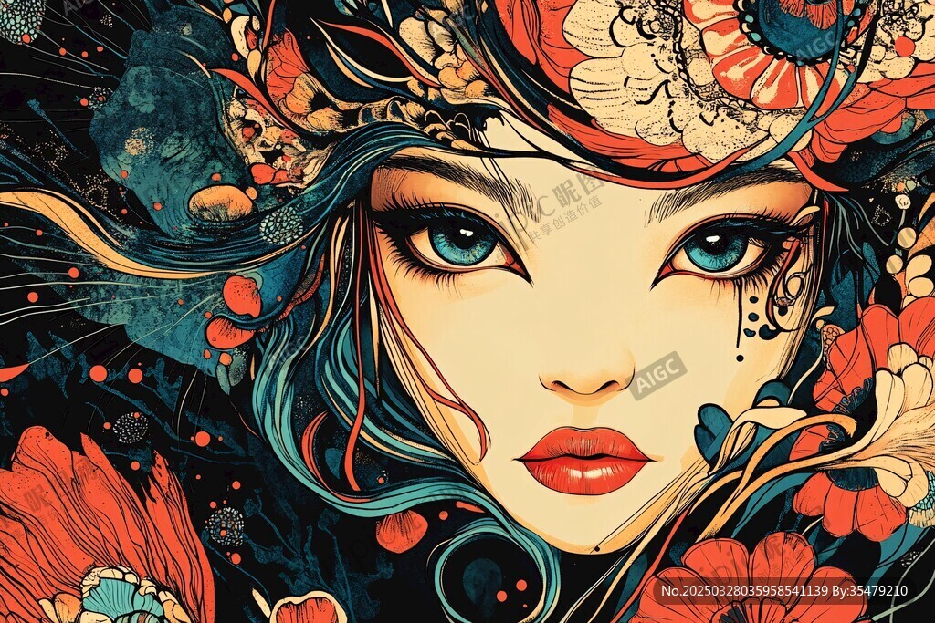 梦幻花卉少女插画
