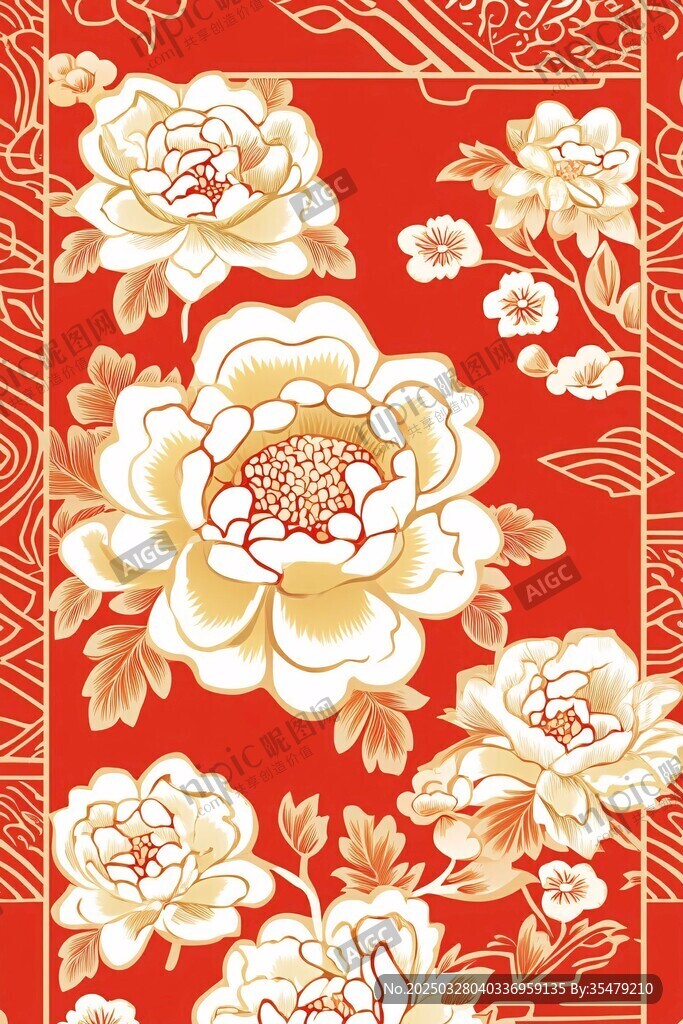 红色牡丹中式花纹图案