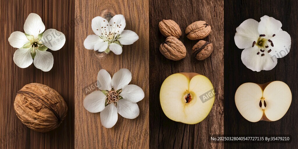 春花坚果与鲜果的静物组合