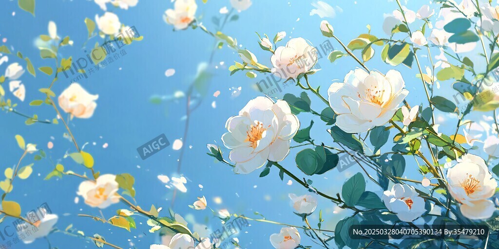 蓝天下绽放的白色花朵