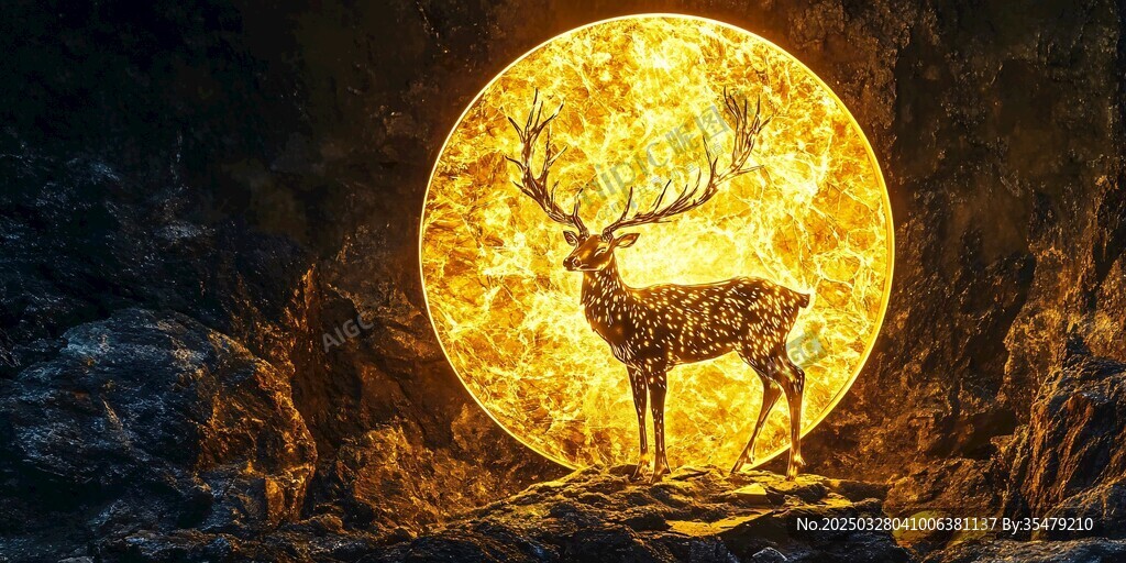 梦幻鹿影于金黄圆月之畔