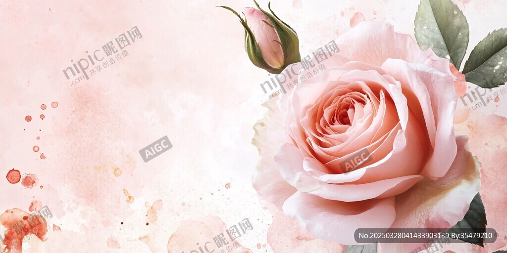 粉玫瑰水彩梦幻花卉图