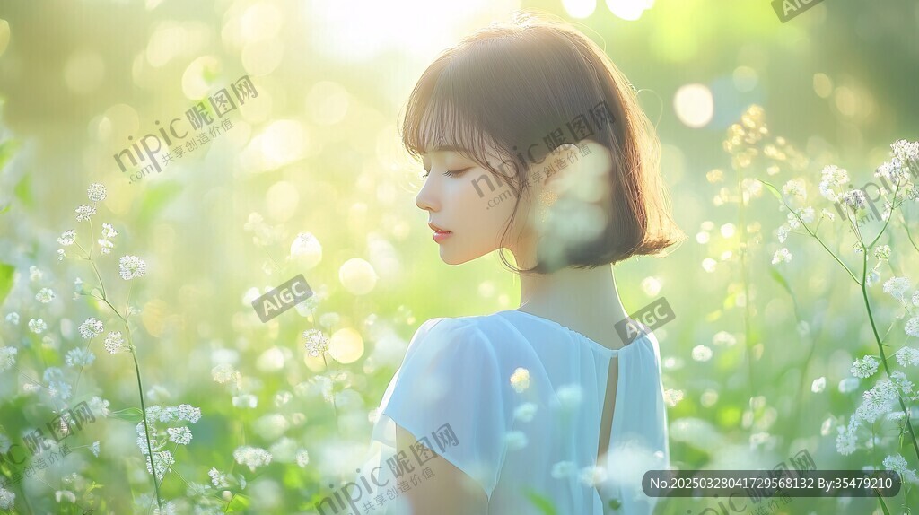 阳光下花丛中的清新少女